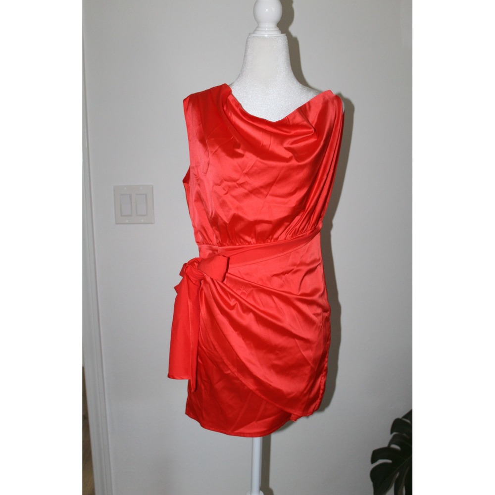 RNWY Red Satin Draped Cowl Neck Wrap Mini Dress with Side Tie Sleeveless Size M